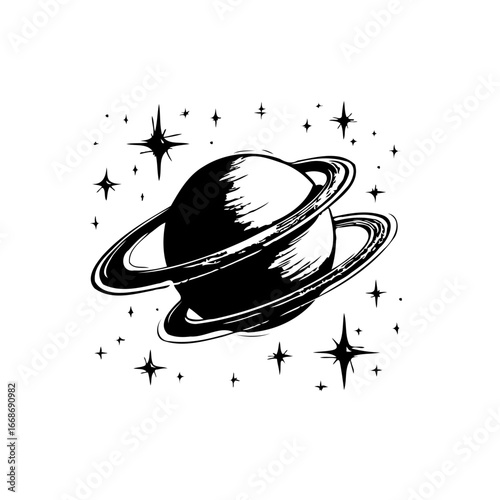 Monochrome planetary system illustration a celestial body with rings amidst twinkling stars and