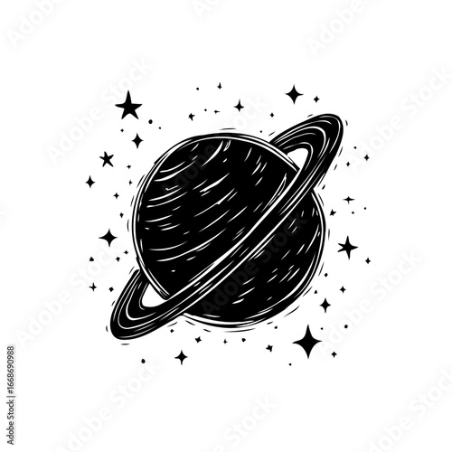 Monochrome planetary artwork featuring celestial rings and scattered stars offering a vintage