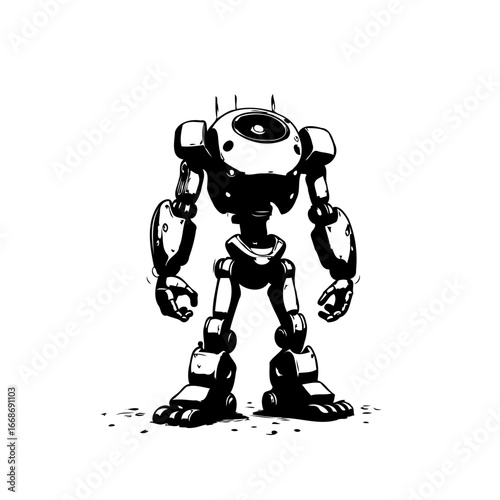 Monochrome robotic sentinel with circular head plate and futuristic design standing firm on a
