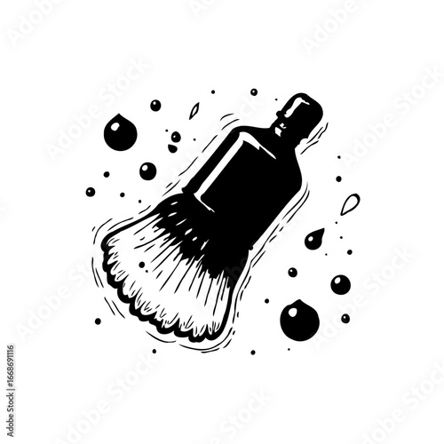 Monochrome shaving brush illustration surrounded by droplets creates clean vintage aesthetic