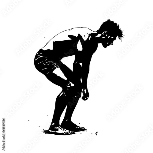 Monochrome silhouette portraying a male figure bent over examining his knee post activity