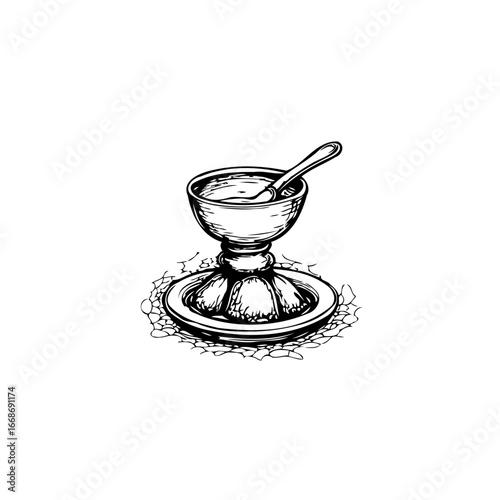 Monochrome sketch of sundae dish with spoon conveys delicacy and dessert temptation sweet treat