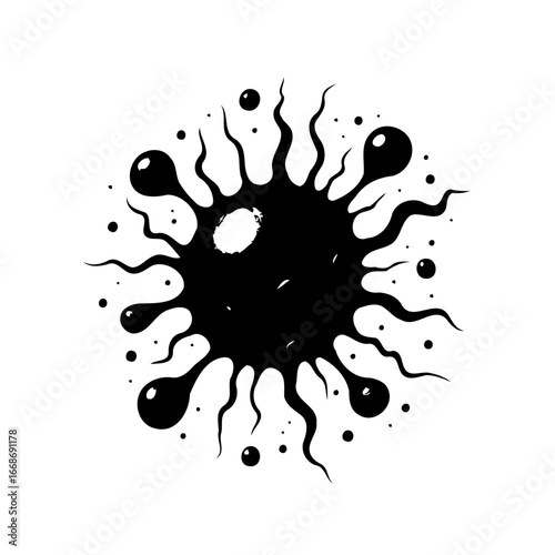 Monochrome spiky abstract orb graphic with fluid extensions resembling a virus illustration with