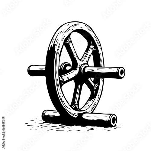 Monochrome wheel and axle system illustration showcasing simple machines and their fundamental