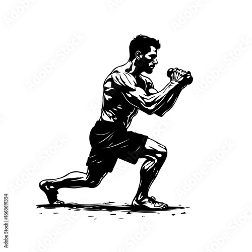 Muscular athlete exercising silhouette performing a lunge dumbbell workout routine to build