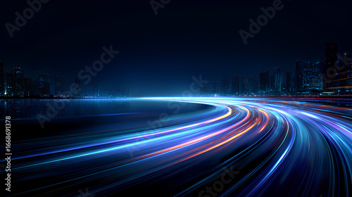 Night splash motion in futuristic speed trail with blue glow. Flash explosion effect, light blur and colorful beam, city stripes and line road movement in curve design. Stock Illustration © suldev
