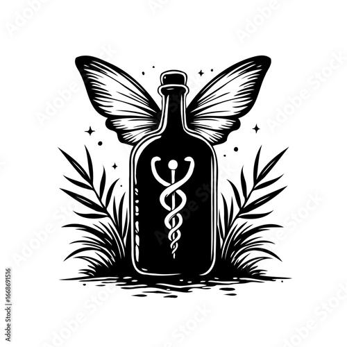 Mystical elixir illustration, a bottle with wings and caduceus symbol creating a unique and