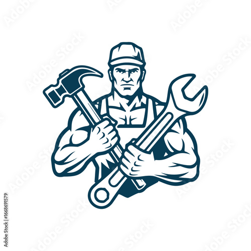 Repair Service Man Logo,  a muscular construction worker with tools hammer and wrench.
