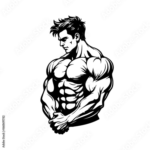 Powerful bodybuilder monochrome artwork showcasing extreme muscularity and dedication to intensive