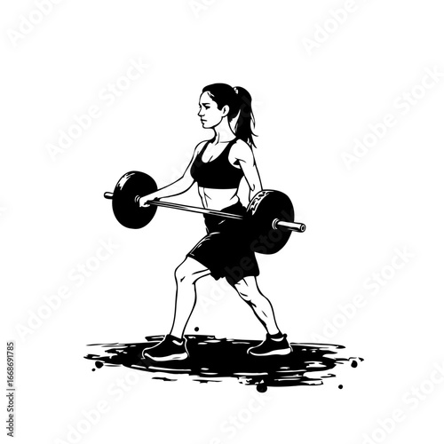 Powerful athletic woman exercising with barbell illustration for strength training and fitness