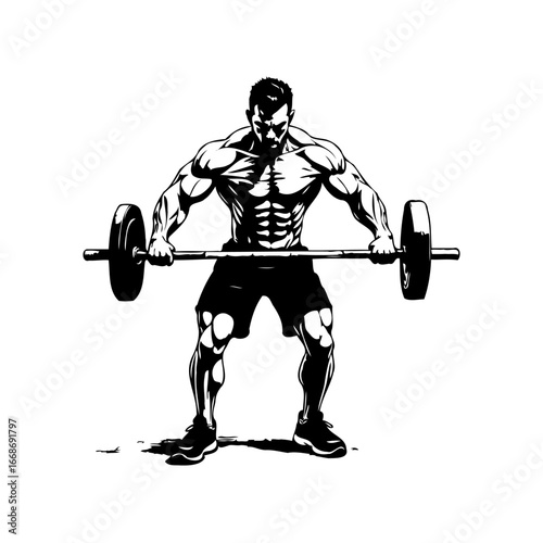 Powerful bodybuilder preparing to lift heavy barbell demonstrating impressive muscular physique