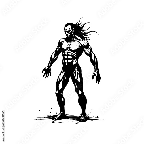 Powerful monochrome illustration showcases a formidable figure with sculpted physique emanating