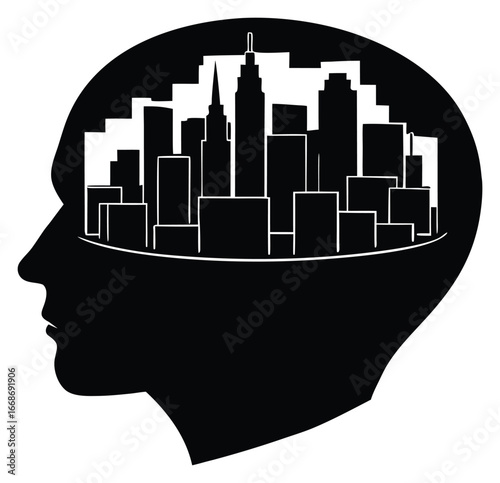 Conceptual image showing urban cityscape inside human head in black and white