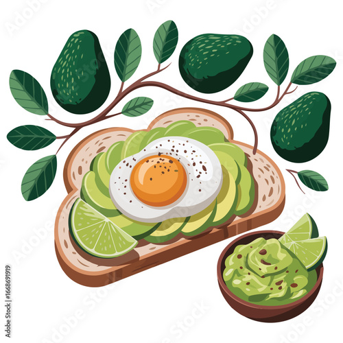 Avocado set with fruit half slices cubes toast guacamole isolated vector illustration on white background