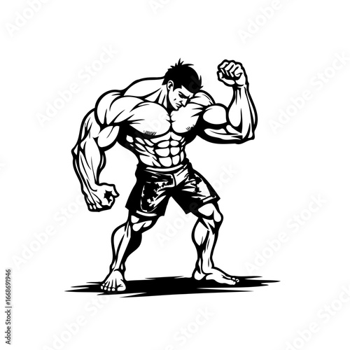Powerful muscular figure demonstrating strength fitness and unwavering determination showcasing