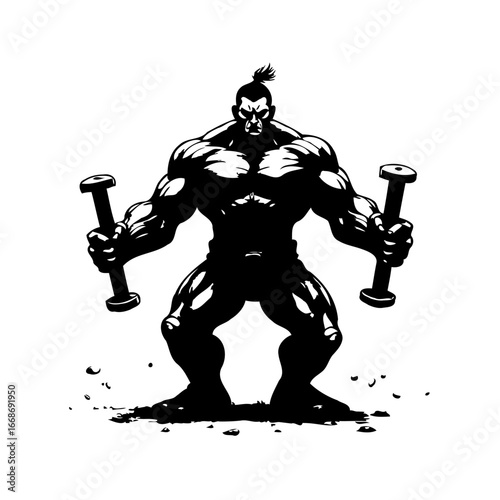 Powerful muscular figure vector illustration executing weightlifting intense dumbbell workout