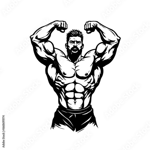 Powerful muscular man flexing biceps showcasing strength and dedication to fitness lifestyle