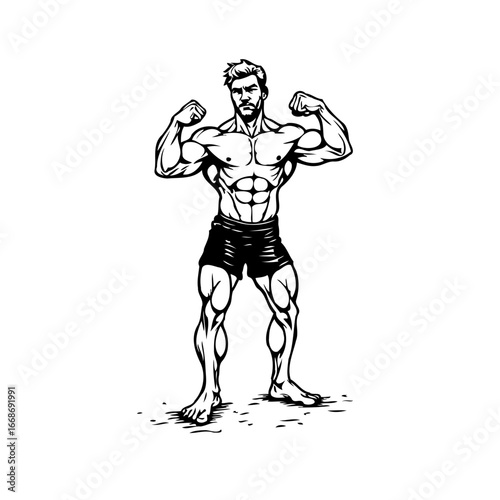 Powerful muscular man flexing biceps and displaying physique in artistic monochrome vector
