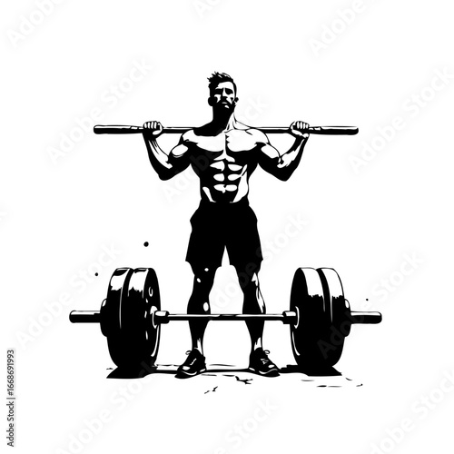 Powerful muscular man holding heavy weightlifting barbell, symbolising strength, fitness, and