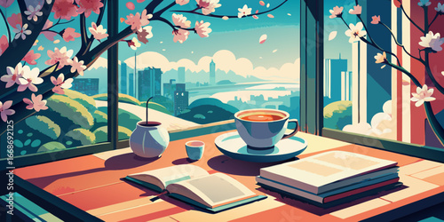 Breakfast in a cozy room with a table, two chairs, and an open book, next to a window overlooking a garden
