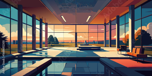 A futuristic urban building with an empty, sunlit glass corridor connects a wide, empty hall to a business office