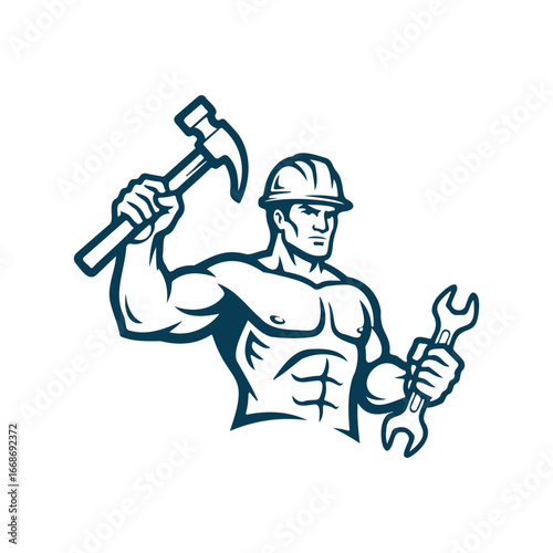 Repair Service Man Logo,  a muscular construction worker with tools hammer and wrench.
