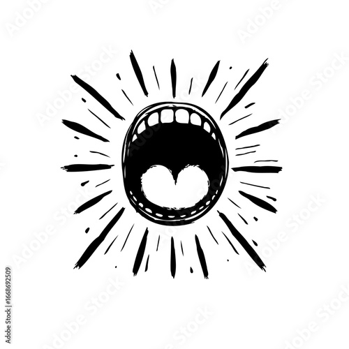 Screaming mouth emitting energy rays expressing strong feelings in graphic monochrome stylized