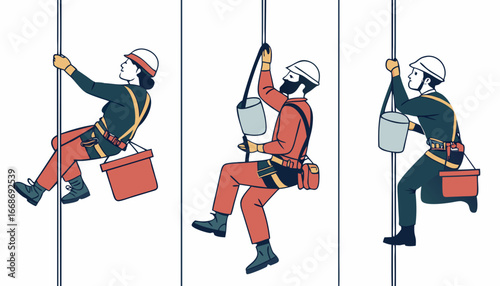 Group of mini  industrial alpinists works at height. Workers with safety ropes clean window. Professional climbers with equipment, tools hanging on harness. Flat vector illustrations isolated