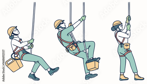 Group of mini  industrial alpinists works at height. Workers with safety ropes clean window. Professional climbers with equipment, tools hanging on harness. Flat vector illustrations isolated