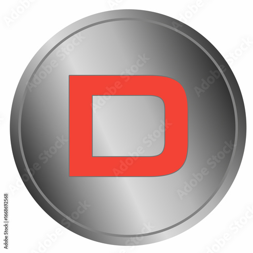 D Letter symbol web button vector, coin, metallic circle, warning, attention