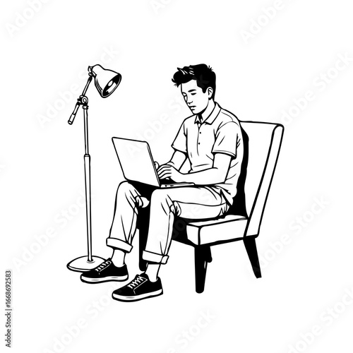 Serene coder working at home sits comfortably with laptop under the floor lamp in a minimalist