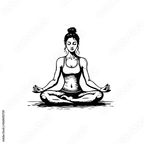 Serene woman in lotus position finds inner peace through mindful yoga practice illustration for
