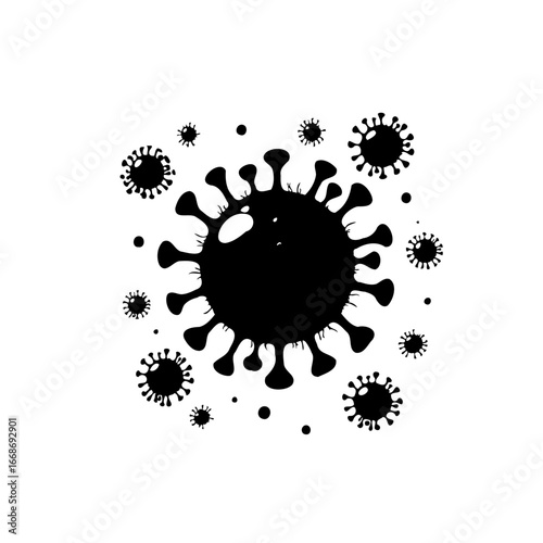 Silhouette depiction of virus with numerous spikes surrounded by satellite viral particles