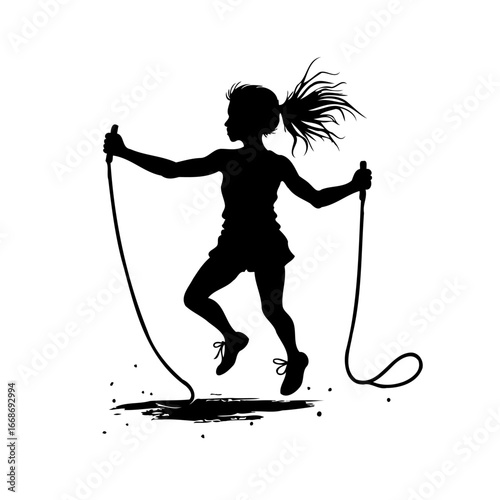 Silhouette illustration portraying youthful vigor energetic child jumping rope dynamic action
