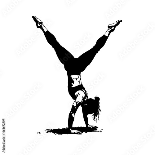 Silhouette figure performing handstand with leg split showcases strength balance skill grace
