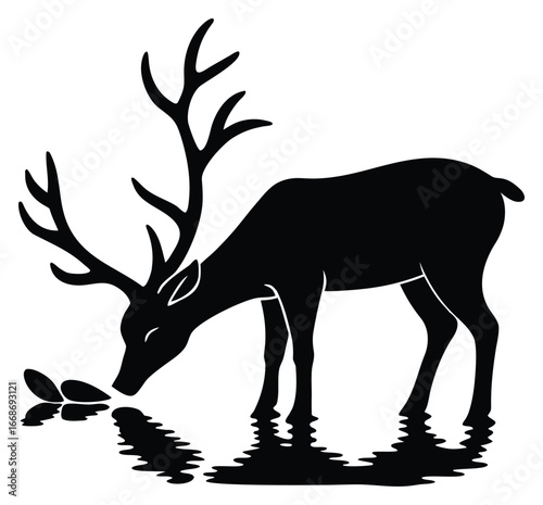 Elegant black deer silhouette drinking from a tranquil water source design