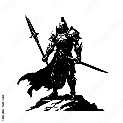 Silhouette of a formidable warrior figure standing tall wielding a spear and sword ready for