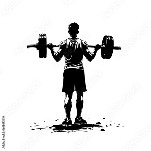 Silhouette of a man lifting heavy barbell weights showcasing fitness strength determination in a