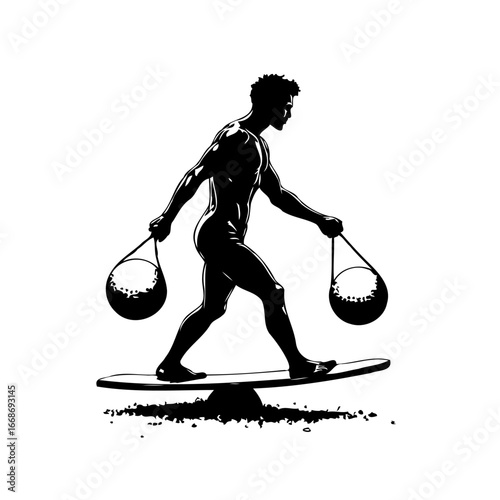 Silhouette of a man maintaining equilibrium, demonstrating balance and strength while carrying