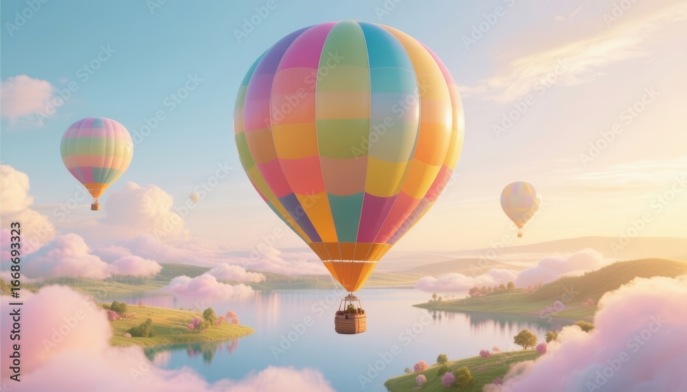 Naklejka premium Colorful hot air balloons floating over serene lake and clouds 