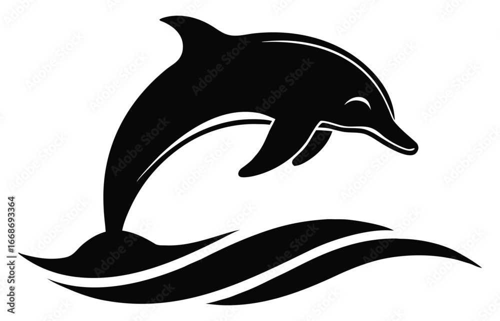 Naklejka premium Elegant Black Dolphin Jumping Out of Ocean Waves Vector Illustration
