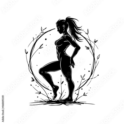 Silhouette of a strong woman in fitness pose encircled by botanical elements creating a unique