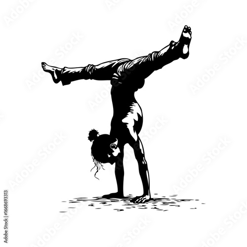 Silhouette of a person executing a handstand pose demonstrating balance, strength and controlled