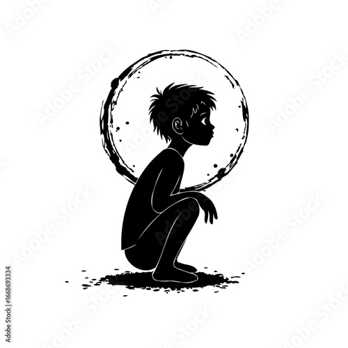 Silhouette of a thoughtful child squatting inside an ink splattered circle evoking contemplation