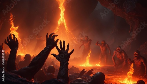 Fiery landscape with demonic figures and lava flow