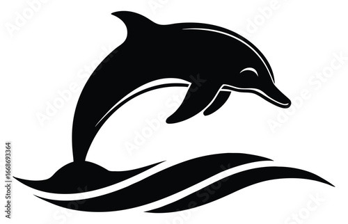 Elegant Black Dolphin Jumping Out of Ocean Waves Vector Illustration