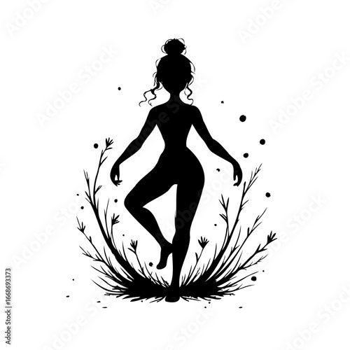 Silhouette of a woman balancing amidst abstract foliage displaying poise artistic flair in a