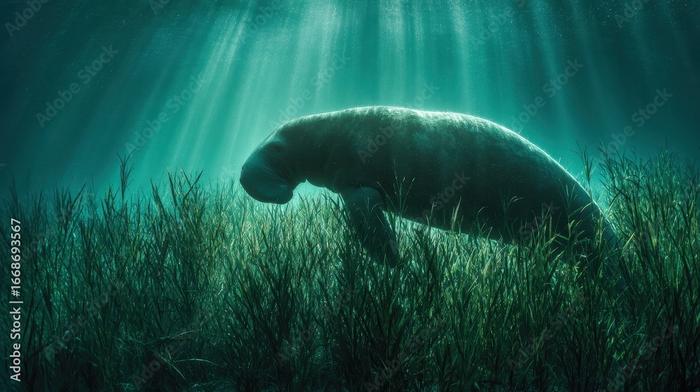 Fototapeta premium Gentle Giant: Manatee Grazing Underwater in Seagrass with Sun Rays