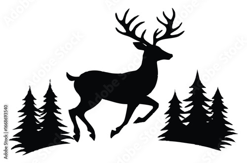 Elegant deer silhouette illustration with evergreen trees in winter scene backdrop