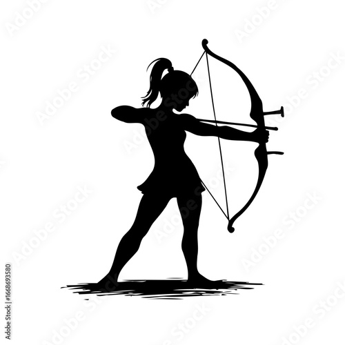 Silhouette of athletic woman demonstrating archery skill with bow and arrow for achieving